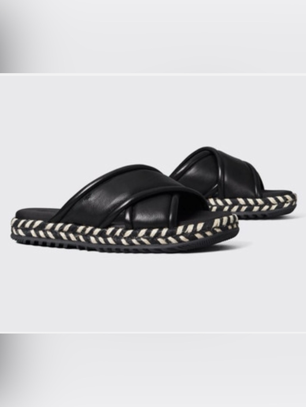 Tory Burch Black Leather Criss Cross Slide Sandals with Braided Trim